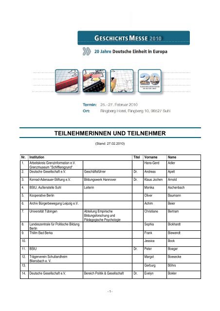 teilnehmerinnen und teilnehmer - Bundesstiftung zur Aufarbeitung ...