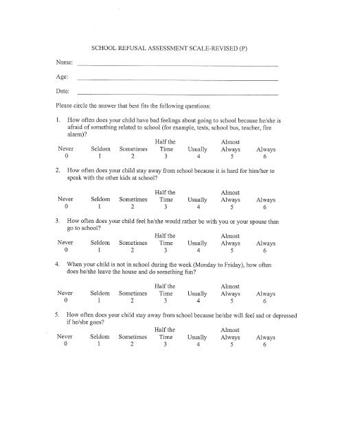 SCHOOL REFUSAL ASSESSMENT SCALE-REVISED (P)