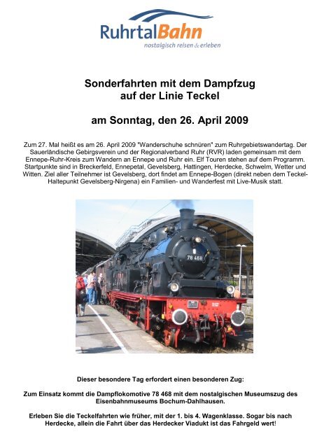 Sonderfahrten mit dem Dampfzug auf der Linie ... - Die Ruhrtalbahn