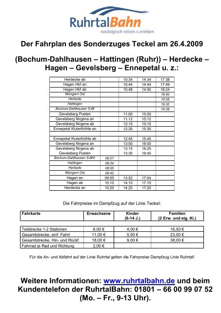 Sonderfahrten mit dem Dampfzug auf der Linie ... - Die Ruhrtalbahn