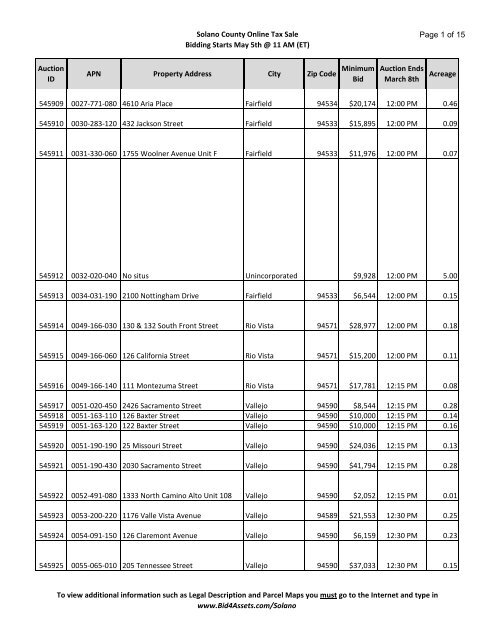 Solano County Online Tax Sale Bidding Starts ... - Bid4Assets.com