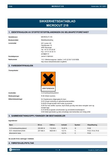 SIKKERHETSDATABLAD MICROCUT 218 - Alf I. Larsen AS