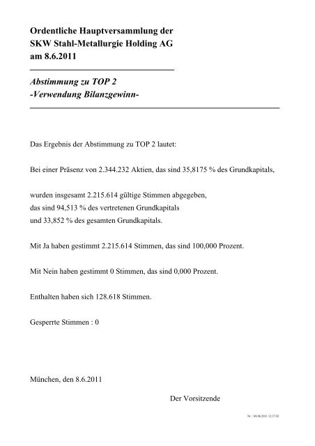 Ordentliche Hauptversammlung der SKW Stahl-Metallurgie  Holding ...