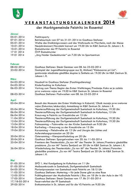 veranstaltungskalende r 2014 - Gemeinde Feistritz im Rosental