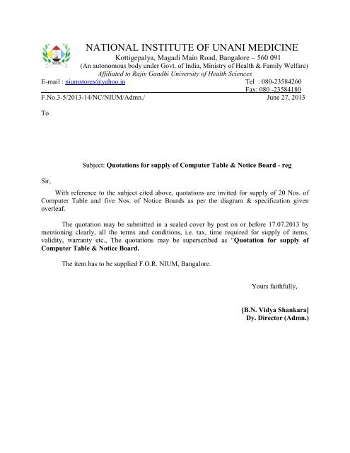 Quotations for supply of Computer Table & Notice Board - National ...
