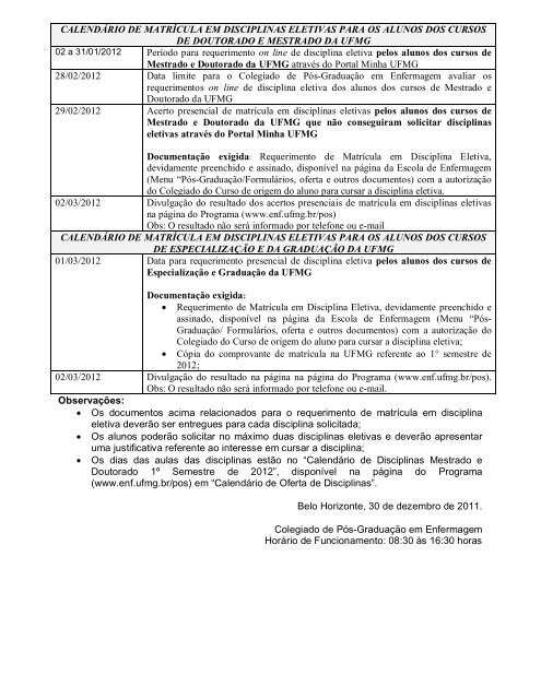 Oferta de disciplinas eletivas do 1º Semestre de 2012 - Escola de ...