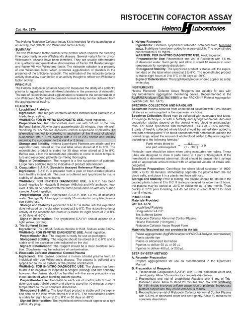 RISTOCETIN COFACTOR ASSAY - Helena