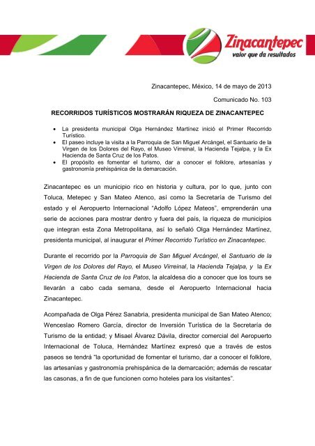 Zinacantepec, MÃ©xico, 14 de mayo de 2013 Comunicado No. 103 ...