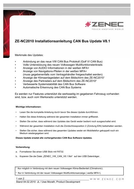 ZE-NC2010 Installationsanleitung CAN Bus Update V8.1 - Zenec