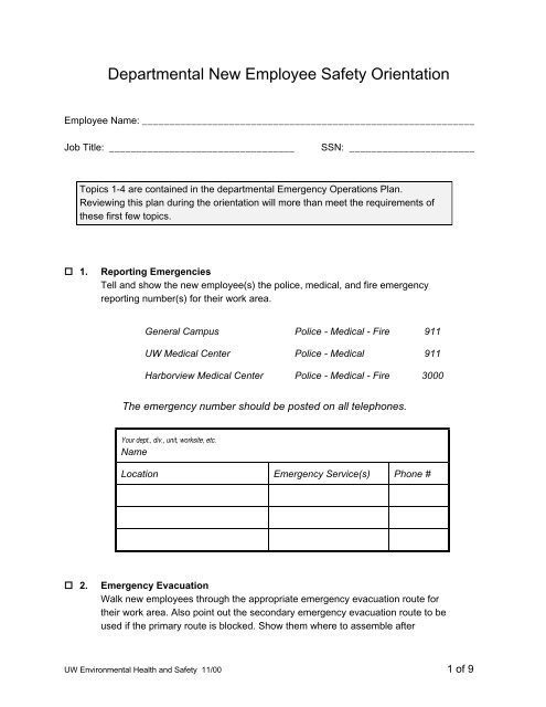 Departmental New Employee Safety Orientation - Environmental ...