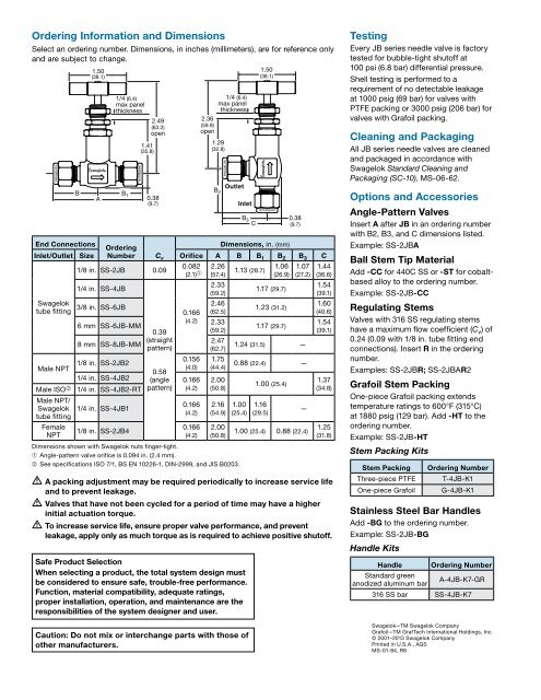 Screwed-Bonnet Needle Valves, JB Series (MS-01-84 ... - Swagelok