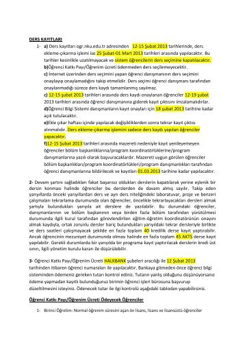 DERS KAYITLARI 1- a) Ders kayıtları ogr.nku.edu.tr ... - otomasyon