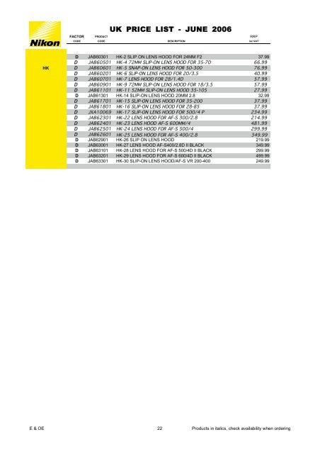 Price List - Nikon UK