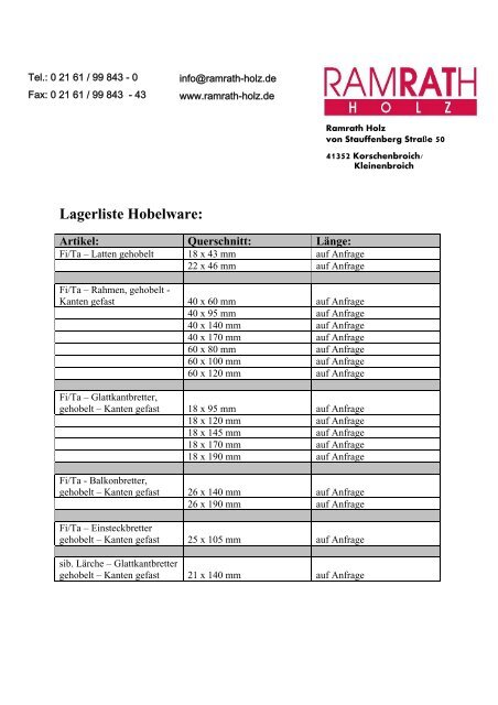 Lagerliste Hobelware