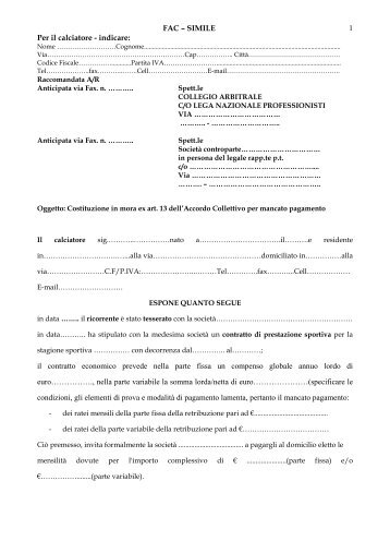 FAC – SIMILE Per il calciatore - indicare: 1 il ... - Diritto Calcistico
