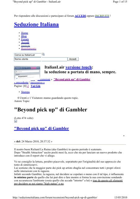 Seduzione Italiana "Beyond pick up" di Gambler - Seduzione Naturale