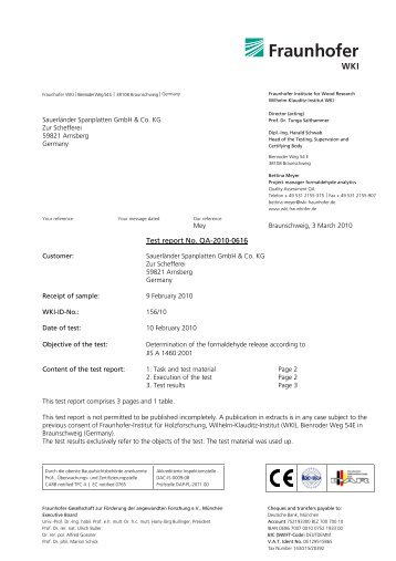 Test report No. QA-2010-0616 - Sauerland Spanplatte