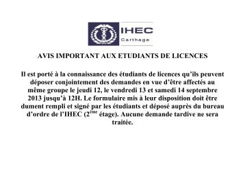 AVIS IMPORTANT AUX ETUDIANTS DE LICENCES Il est ... - IHEC