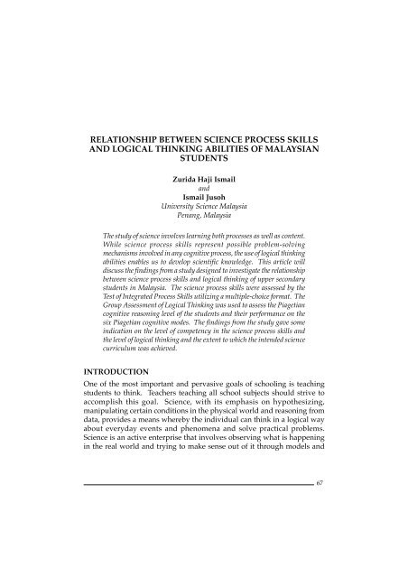 relationship between science process skills and logical thinking ...