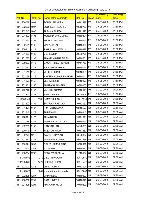 schedule of counseling for second round