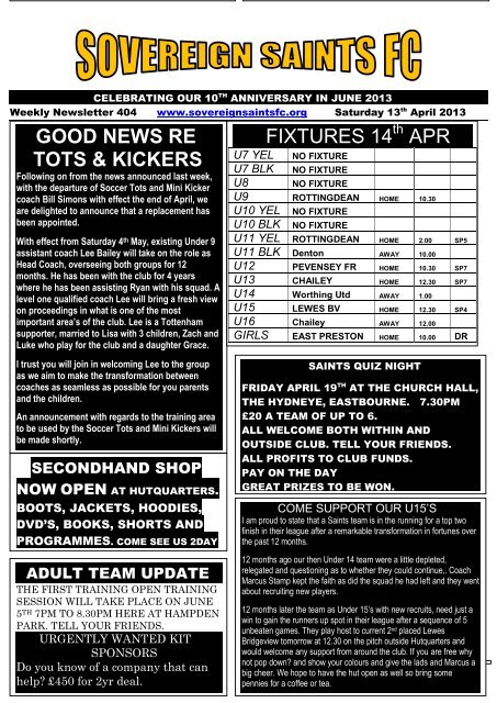 good news re tots & kickers fixtures 14 apr - Sovereign Saints FC