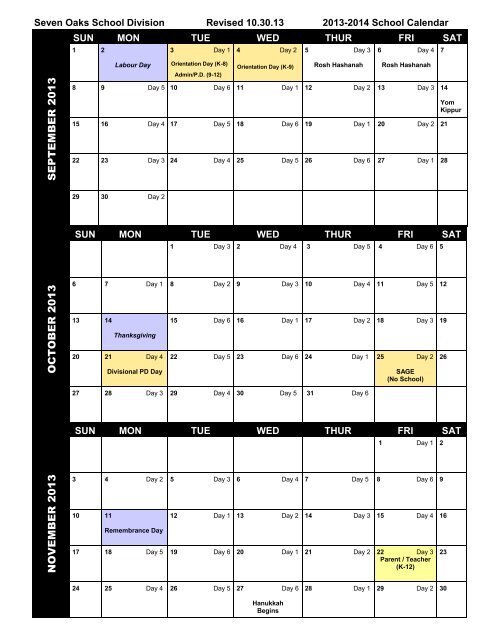 2013-2014 Divisional Calendar - Seven Oaks School Division