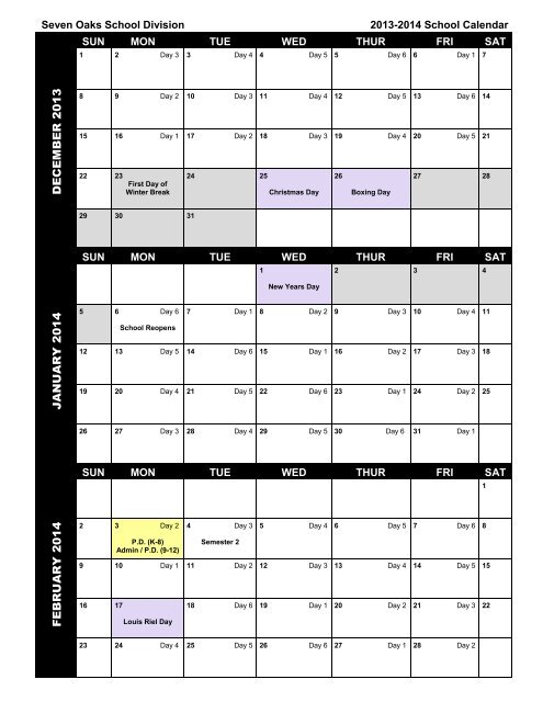 2013-2014 Divisional Calendar - Seven Oaks School Division