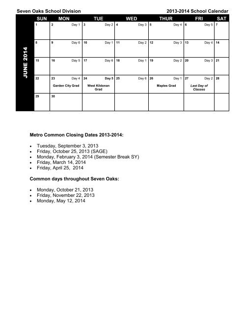 2013-2014 Divisional Calendar - Seven Oaks School Division