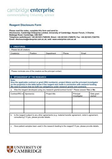 Reagent Disclosure Form - Cambridge Enterprise - University of ...