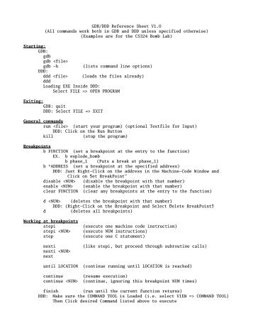 GDB/DDD Reference Sheet V1.0 (All commands work both in GDB ...