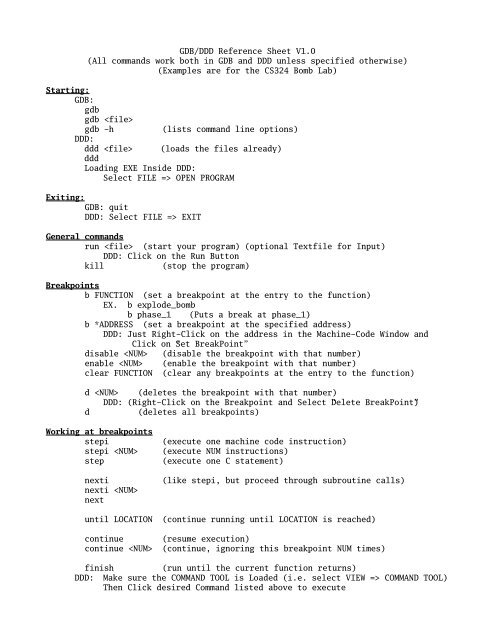 GDB/DDD Reference Sheet V1.0 (All commands work both in GDB ...