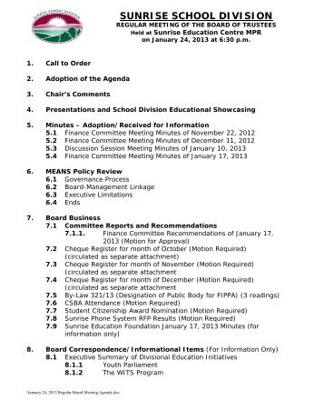 January 24 Regular Board Meeting Agenda - Sunrise School Division