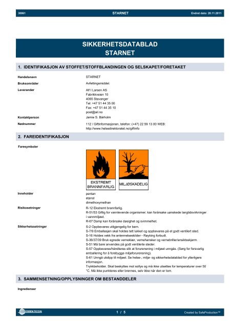 SIKKERHETSDATABLAD STARNET - Alf I. Larsen AS