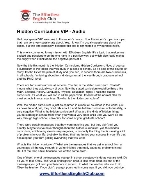 Hidden Curriculum VIP - Audio - Effortless English