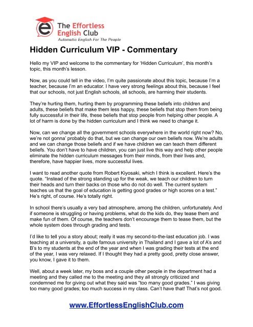 Hidden Curriculum VIP - Audio - Effortless English