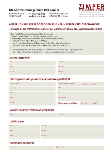 Anspruchstellerfragebogen Fur Kfz Haftpflicht Geschadigte