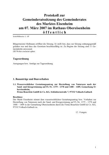 Protokoll zur Gemeinderatssitzung des Gemeinderates ... - Eisenheim