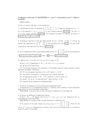 Svolgimento dell'esame di GEOMETRIA A - prof. L. Alessandrini ...