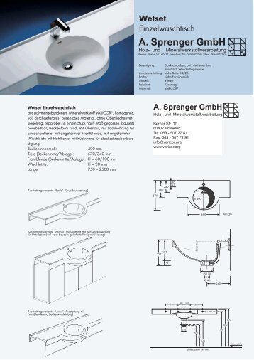 Technische Daten Waschtischmodell WETSET - Varicor