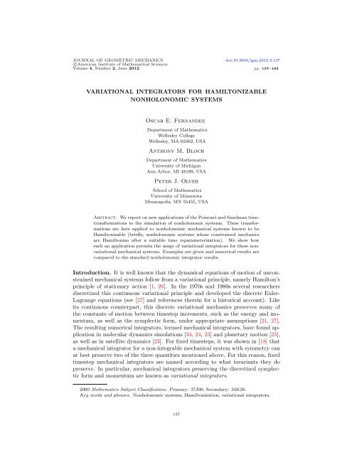 Variational Integrators VARIATIONAL INTEGRATORS FOR ... - Wellesley College