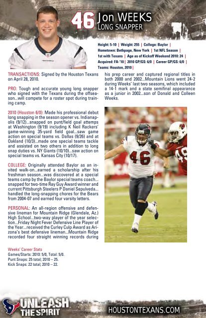 HOUSTON TEXANS WEEKLY RELEASE - Texans Home - NFL.com