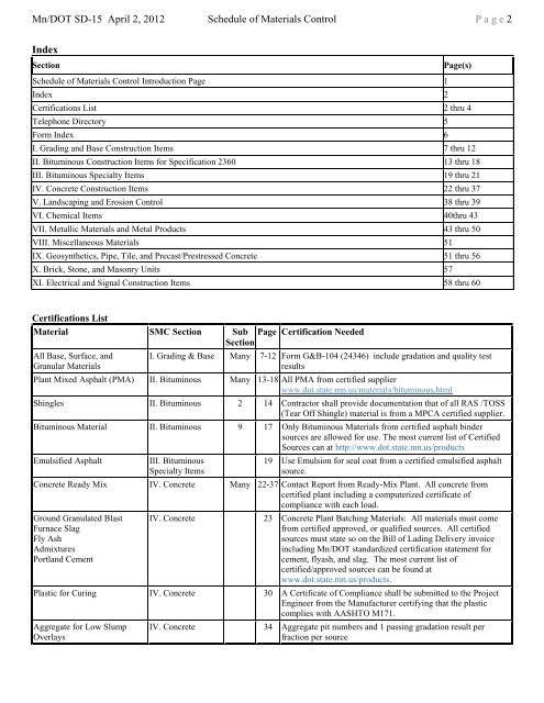 Mn/DOT SD-15 April 2, 2012 Schedule of Materials Control P a g e 1 ...