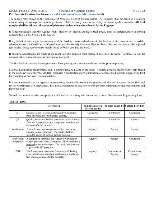 Mn/DOT SD-15 April 2, 2012 Schedule of Materials Control P a g e 1 ...