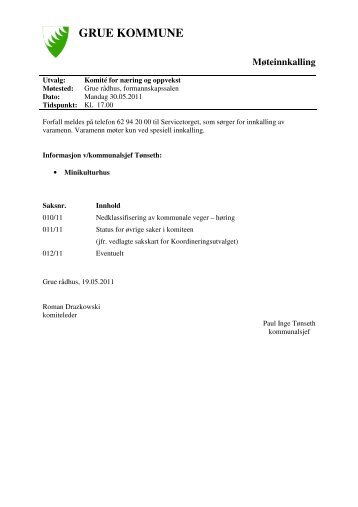 Nedklassifisering av kommunale veger - hÃ¸ring - Grue kommune