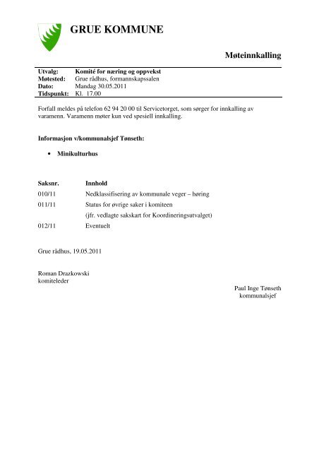Nedklassifisering av kommunale veger - hÃ¸ring - Grue kommune