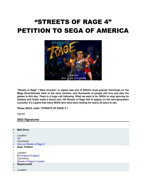 Ã¢â‚¬Å“streets of rage 4Ã¢â‚¬ petition to sega of america - Streets of ...