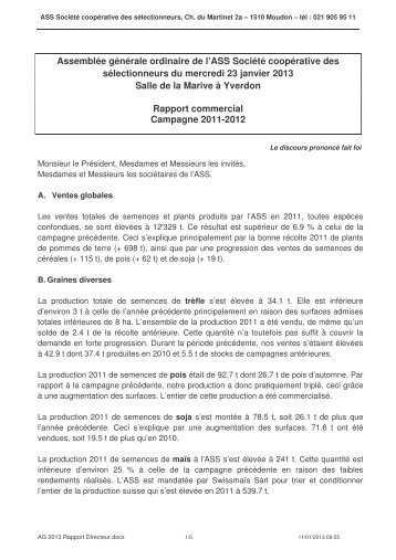 Rapport commercial du Directeur - ASS Société coopérative des ...
