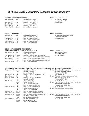 2011 BINGHAMTON UNIVERSITY BASEBALL TRAVEL ITINERARY