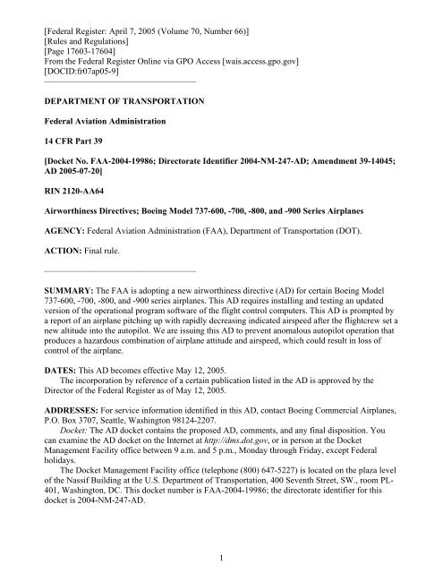 1 [Federal Register: April 7, 2005 (Volume 70, Number 66)] [Rules ...