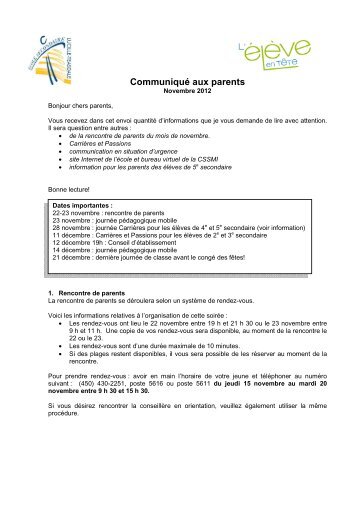 Novembre 2012 - Bureau virtuel de la CSSMI - Commission scolaire ...